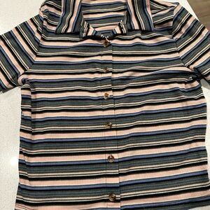 Striped Button-Up Shirt - Blue, Pink & Black